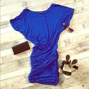 EUC - Bebe Blue Dress with ruched skirt - Sz XS